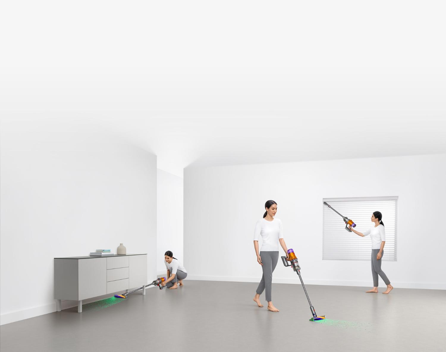 Dyson V12 Detect Slim vacuum with Slim Fluffy Laser cleaner head, showing sizes of dust detected